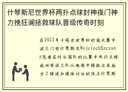 什琴斯尼世界杯两扑点球封神夜门神力挽狂澜拯救球队晋级传奇时刻