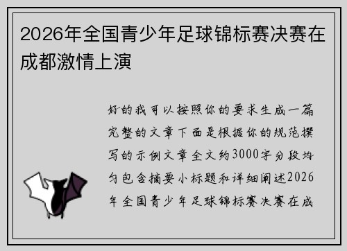 2026年全国青少年足球锦标赛决赛在成都激情上演